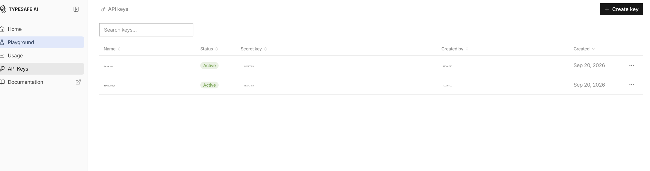 TypeSafe API keys 页面脱敏截图